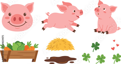 Cute cartoon pink pig vector illustration set featuring smiling face running piglet sitting pig farm vegetables hay mud puddle and green clovers.