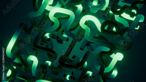 Glowing green abstract maze with smooth 3D curves and neon highlights. Futuristic background for technology, energy, and digital design themes.