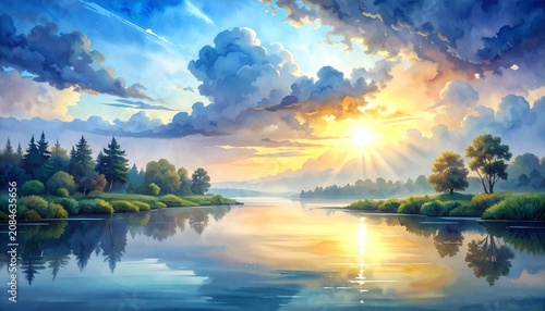 Watercolor sunrise landscape beneath soft rain clouds with gentle light filtering through, dramatic sky over calm river scenery painting