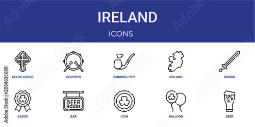Bild auf Leinwand Set of 10 outline web Ireland icons such as beer, balloon, coin, bar, badge, swo