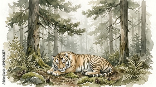 Majestic Tiger Resting Peacefully in a Lush, Misty Forest.