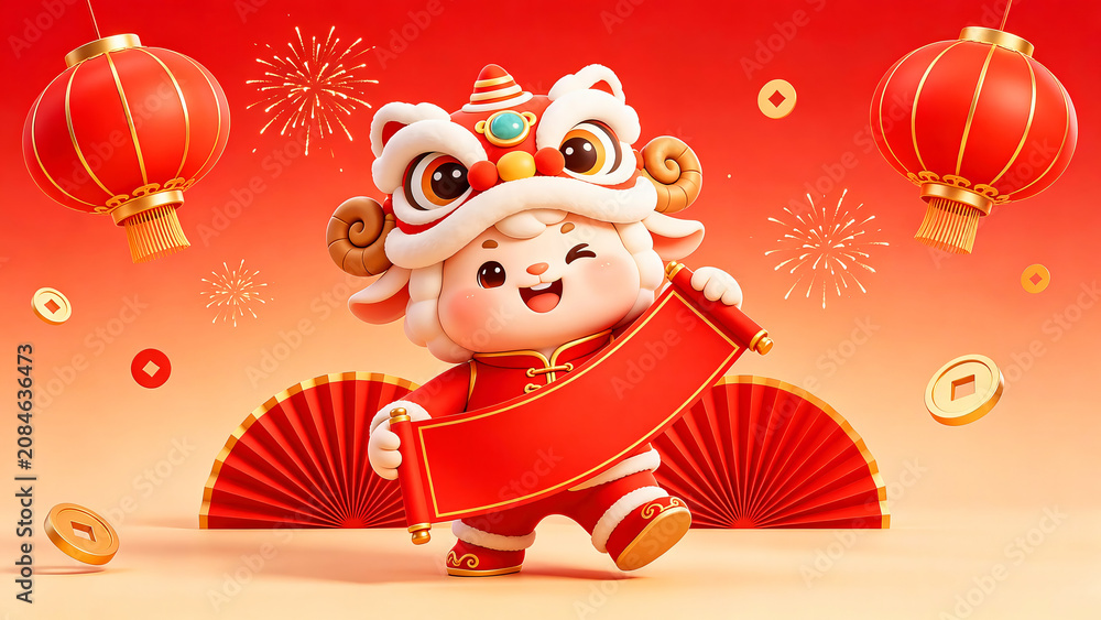 Fototapeta premium Cute Cartoon Sheep with Lion Head Holding Red Scroll for New Year
