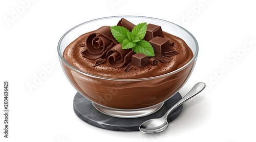 Delicious Chocolate Mousse Dessert with Mint Garnish in Glass Bowl.