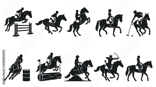 Horse Riding Silhouette Collection Featuring Jumping, Dressage and Galloping Action Poses