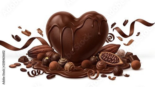 Decadent Chocolate Heart with Truffles and Cocoa Beans.