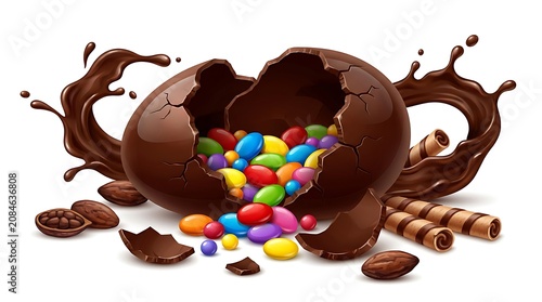 Exploding Chocolate Easter Egg Filled With Colorful Candies and Chocolate Splashes.