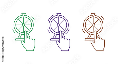 Triple colored compass wheel icons with hand cursor indicating interaction.