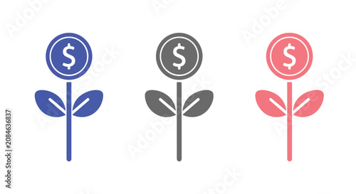 Three currency growth icons showing plant sprout symbols for business growth and finance.