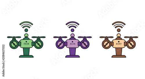 Three colorful drone delivery devices hovering with propellers and antennas in a stylized urban scene.