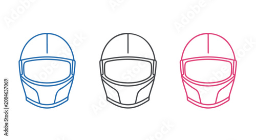 Triptych line art of three racing helmets in blue gray and pink.