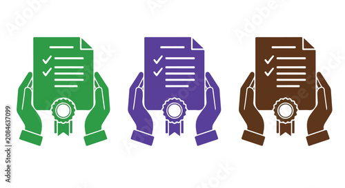 Hand Holding Certificate Icon Set in Green, Purple, and Brown for Recognition and Awards.