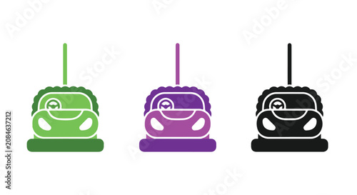Three stylized cartoon cars in green purple and black arranged side by side illustration.