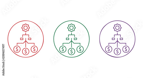 Three Colored Circular Network Hierarchy Icons Set in Abstract Modern Style.