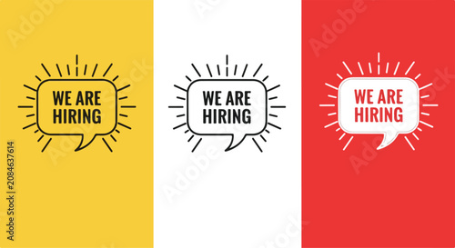 Bold three-panel signage announcing hiring opportunities and recruitment.