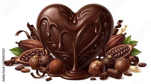 Decadent chocolate heart with cocoa beans and truffles, a sweet delight.