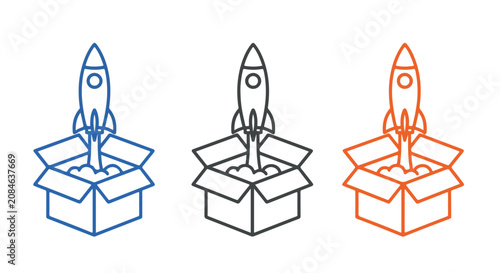 Three Colorful Rocket Icons Emanating from Boxes in Line Artwork.