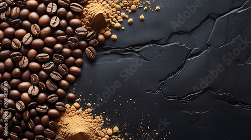 Coffee beans mixed with fine brown powder on dark textured stone background flat lay view.