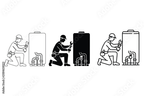 Plumber Working On Different Water Heater Types Illustration