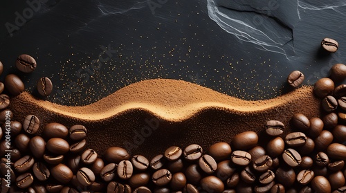 Fresh roasted coffee beans and ground powder artistic composition on dark slate background.