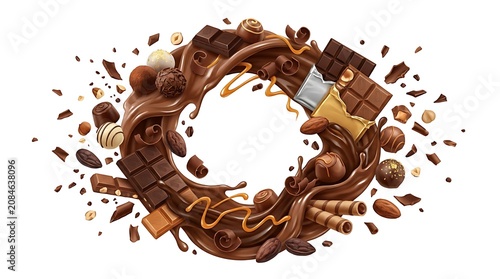 Chocolate explosion with candies and nuts in a circular frame.