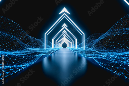 A 3D-rendered futuristic scene featuring glowing neon arrow tunnels flanked by digital wave landscapes on a dark glossy path.