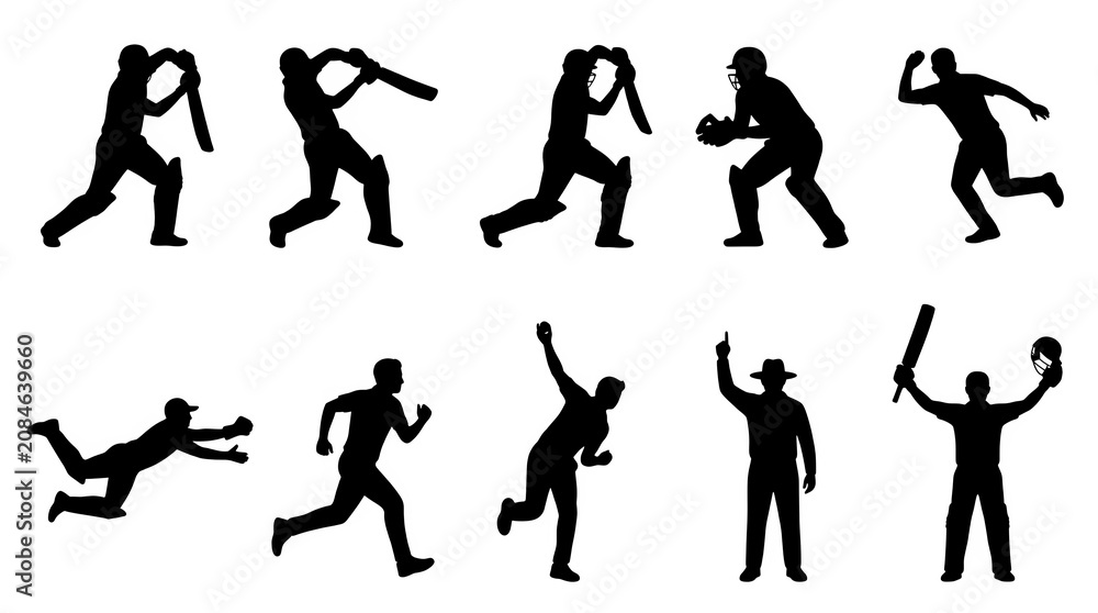 Obraz premium Cricket Player Silhouette Action Set Featuring Batting, Bowling and Fielding Positions