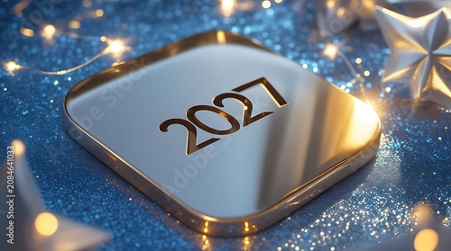 Square metallic plate with embossed 2027 year date on dark blue sparkling glitter background.