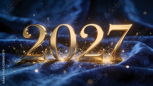 Golden 2027 numbers lying on dark blue velvet texture with scattered golden light particles.