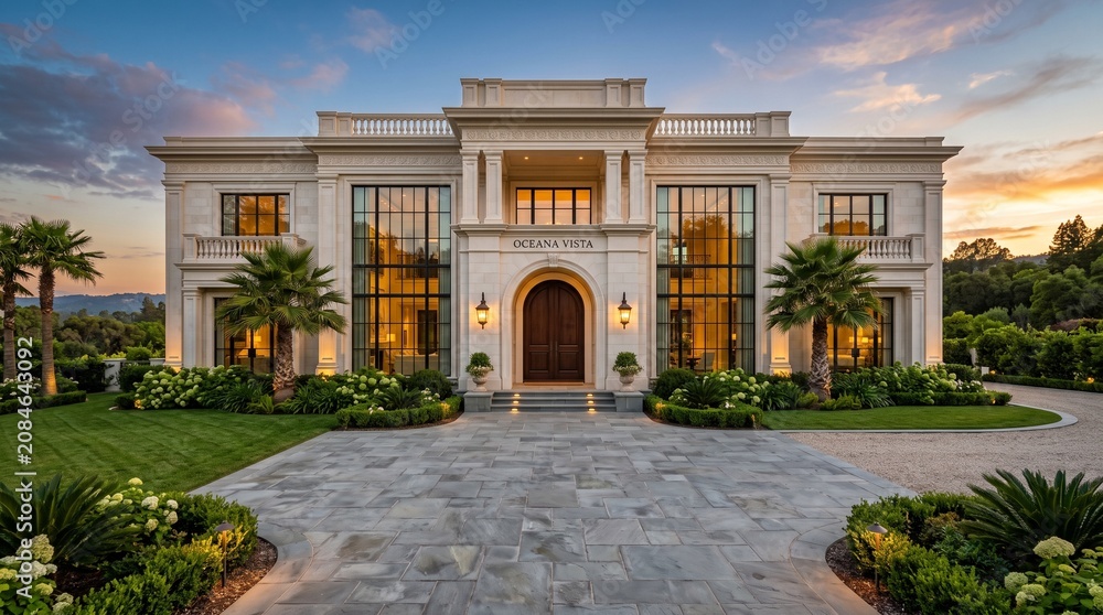 Fototapeta premium Luxury Neoclassical Mansion with Grand Columns and Palm Trees Exterior