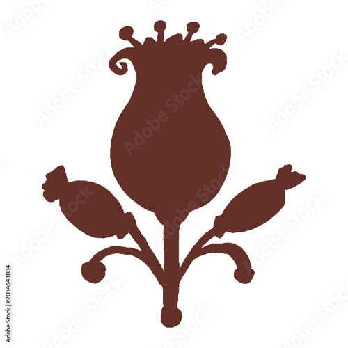 Hand drawn folk art floral greeting card motif silhouette. Flat isolated on white background vector illustration. Botanical scandi summer nature design element. Quirky flower block print sticker