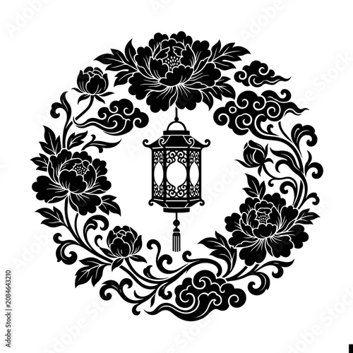 Black and white chinese lantern surrounded by a circular wreath of blooming peony flowers and traditional stylized cloud patterns