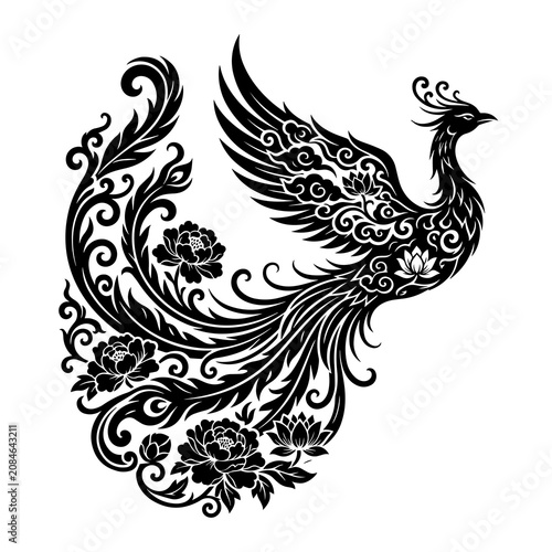 Black and white of a mythical chinese phoenix surrounded by blooming peony flowers and lotus blossoms in style
