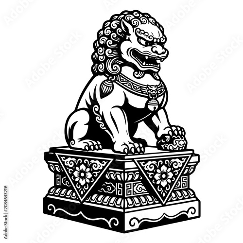 Black and white of a traditional chinese guardian lion statue sitting on a square base with geometric and floral patterns