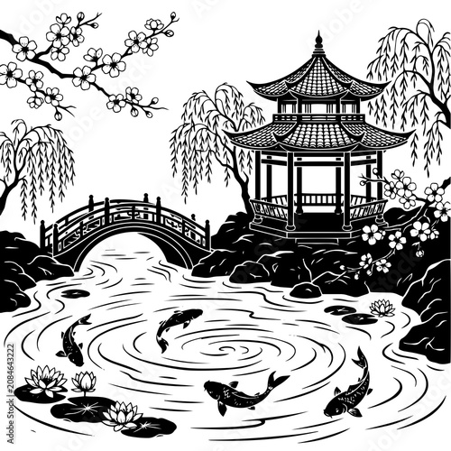 Black and white of a traditional chinese garden with a pavilion, arched bridge, koi fish, lotus flowers, and weeping willow