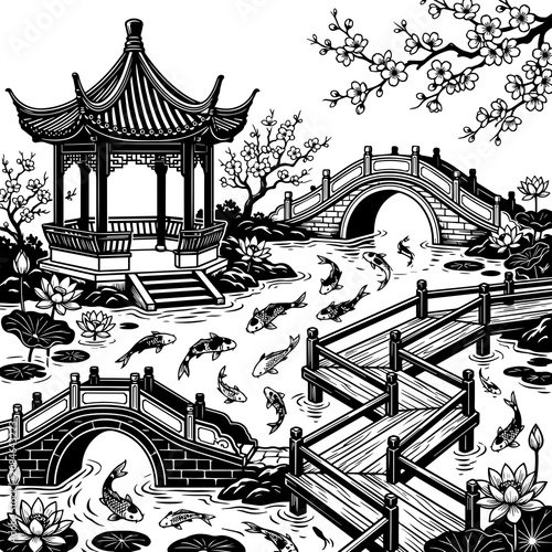 Black and white of a traditional chinese garden with a pavilion, arched bridge, wooden walkway, koi fish, and lotus flowers
