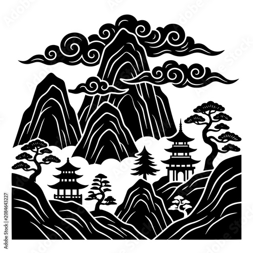 Black and white of a traditional east asian landscape with mountains, pagodas, pine trees, and stylized swirling clouds