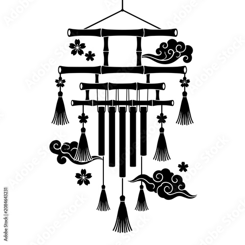 Black and white of a traditional japanese bamboo wind chime with hanging tassels, cherry blossoms, and stylized clouds