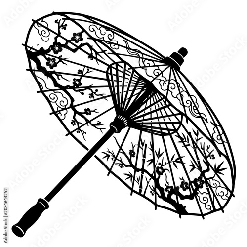 Black and white of a traditional japanese paper umbrella decorated with cherry blossom branches and bamboo stalks pattern