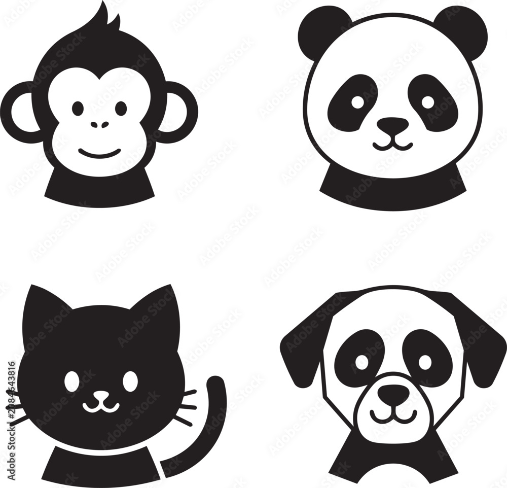 Fototapeta premium Cute Animal Icons Vector Set with Monkey, Panda, Cat, and Dog Face Silhouettes