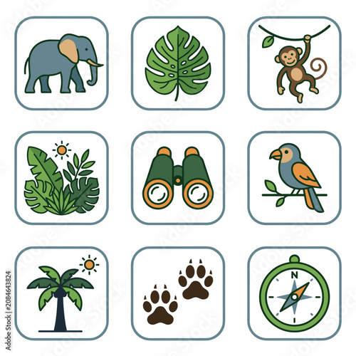 Photography Detailed set of colorful jungle safari vector icons featuring wild animals tropi