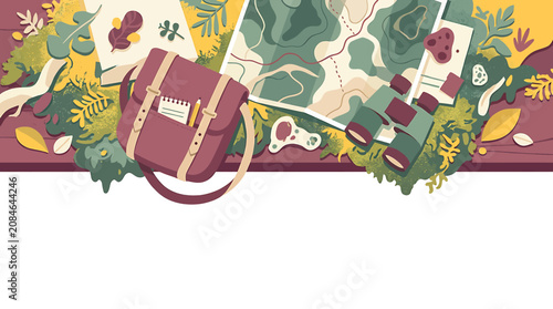 Adventure travel illustration with backpack map binoculars and forest foliage on white background.