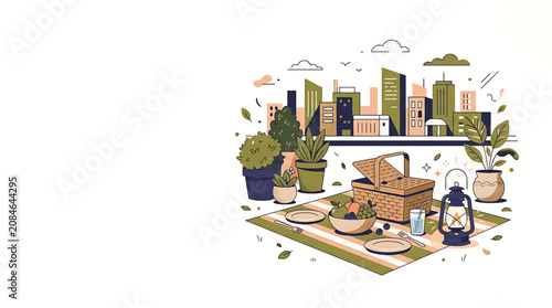 Fotografie Urban Picnic Illustration with City Skyline Basket and Potted Plants on a Blanket