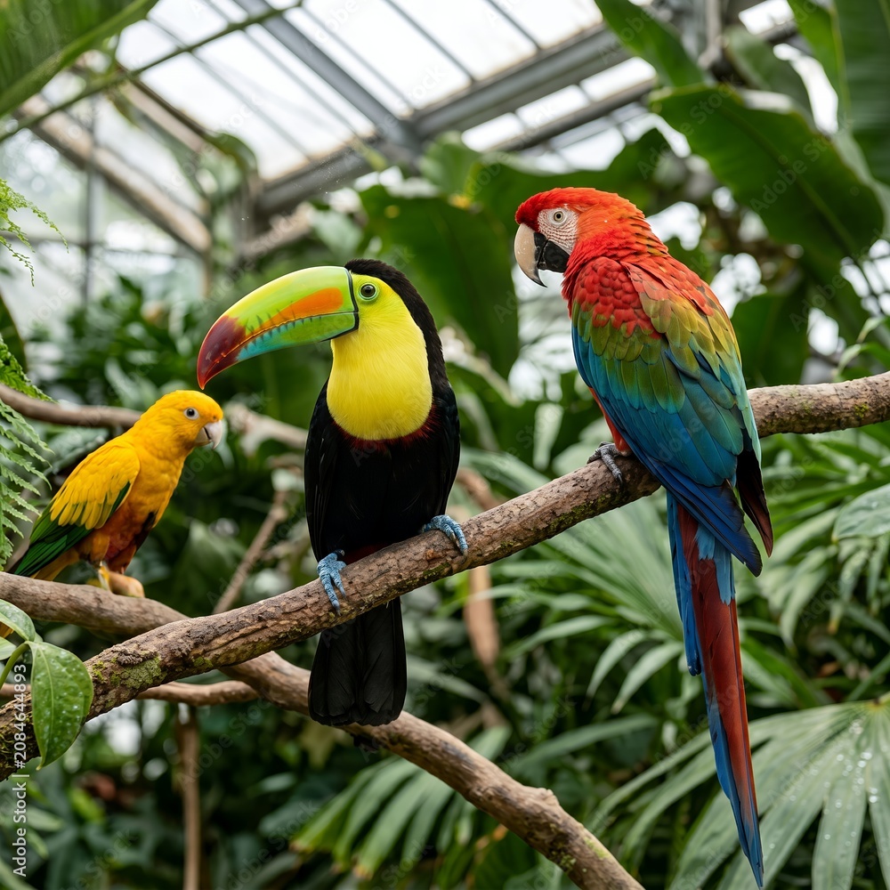 Fototapeta premium Two beautiful exotic birds, a toucan and a colorful scarlet macaw parrot, perched together on a branch in a tropical rainforest jungle greenhouse. Wildlife and biodiversity concept.