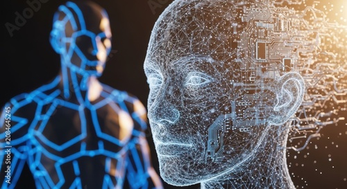 Artificial intelligence human head with glowing circuit board patterns