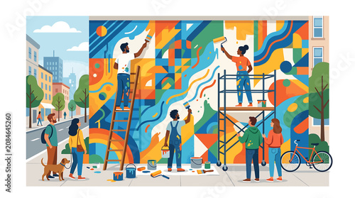 Foto Diverse group of artists painting a large colorful abstract mural on a city building wall