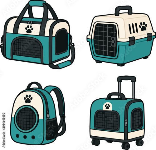  Pet Carrier Essentials with Travel Bag Backpack Crate and Rolling Carrier Flat Vector Illustration