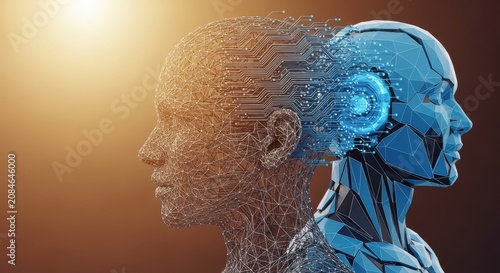 Blue artificial intelligence robot head with digital circuit board patterns