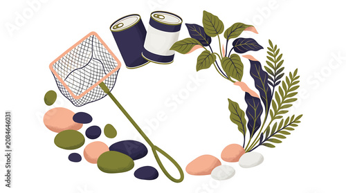 Foto Environmental pollution illustration with trash net and plants in a circular frame