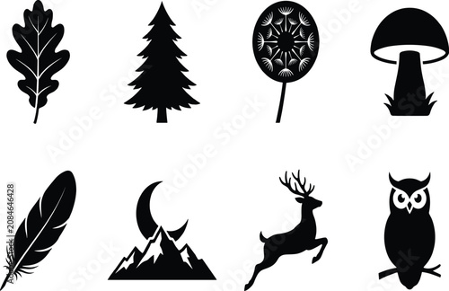 Photography Nature and forest wildlife icon set featuring solid black silhouettes of trees a