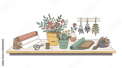 Florist workspace with flower arrangements wrapping paper and tools on a wooden table illustration.
